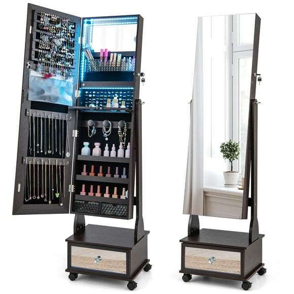 Giantex Mobile Jewelry Armoire with Full-Length Mirror, Vanity Mirror and 3-Color LED Lights, Brown