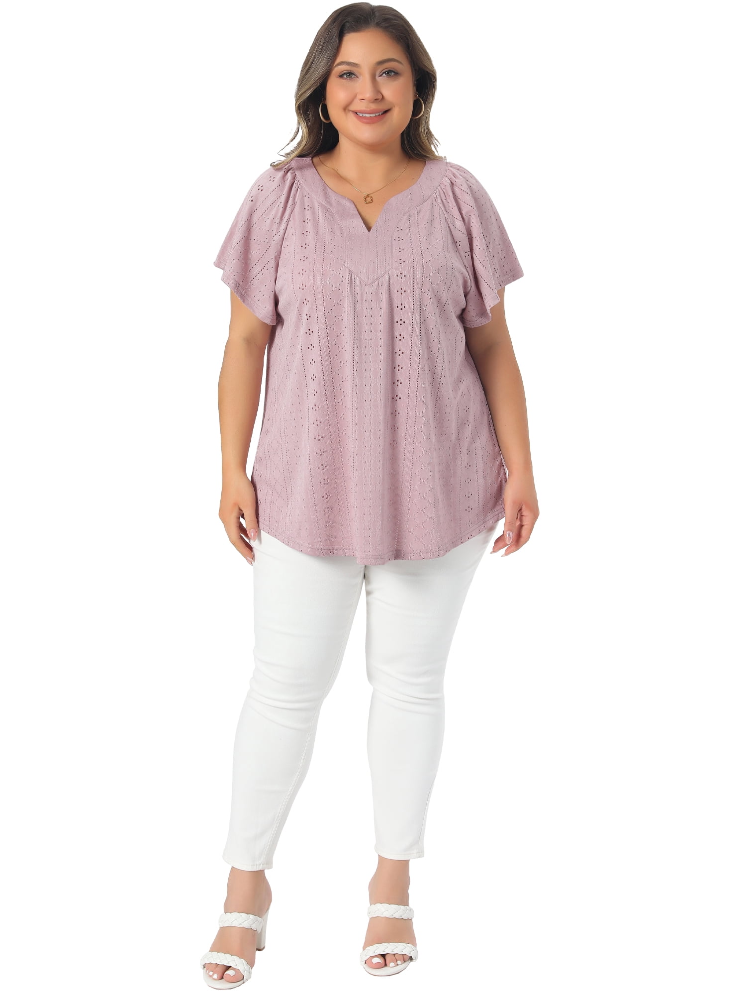 Women's Plus V Neck Short Sleeve Eyelet Embroidery Casual Blouse 2X Pink