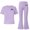 Purple, variant on Kilaqueen Girls Outfits Summer Short Sleeve T Shirt Flared Pants Sets Cute Bow Printed Casual Vacation Clothes Size 5-15T