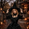 thumbnail image 2 of Zijinkuiwen Womens Witch Hat with Bat Ornament Satin Bow Ruffled Satin Trim Long Ribbon for Halloween Cosplay Fancy Dress Costume Accessory, 2 of 4
