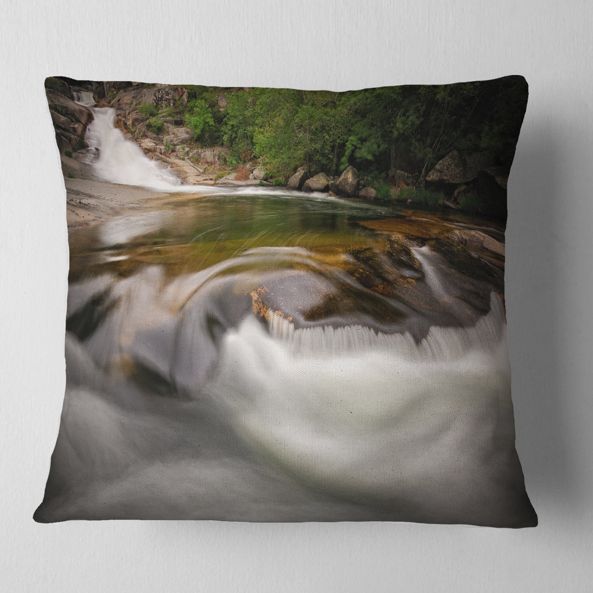 Designart Segade Waterfall Galicia Spain - Landscape Photo Throw Pillow - 18x18
