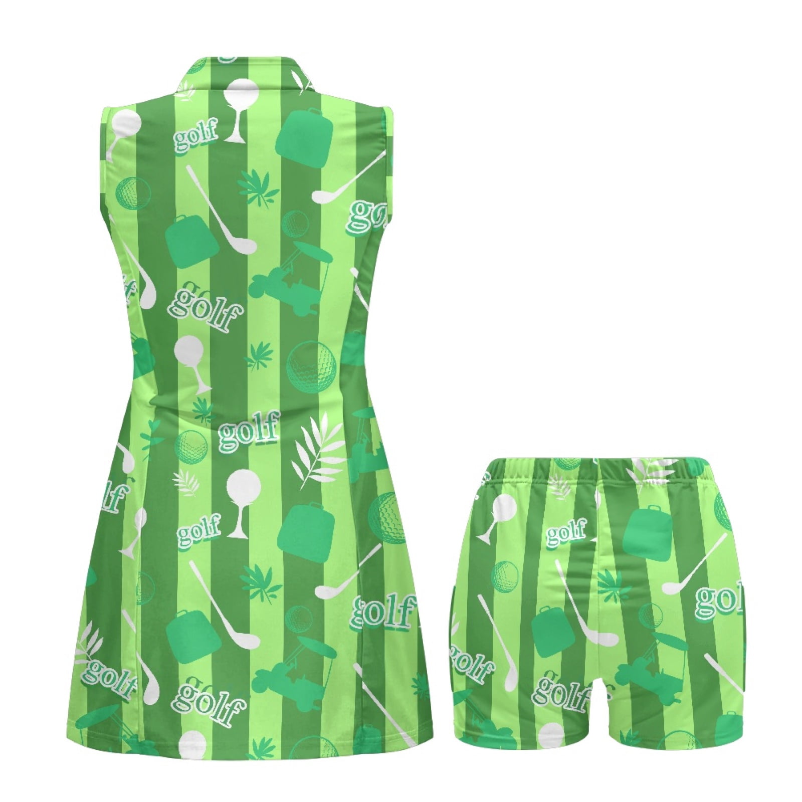 COEQINE Golf Ball Club Cart and Bag Green Stripes Print Tennis Dress for Women Sleeveless 2 Pieces Exercise Dresses with Built in Shorts and Pockets V-Neck Soft Golf Outfits, L