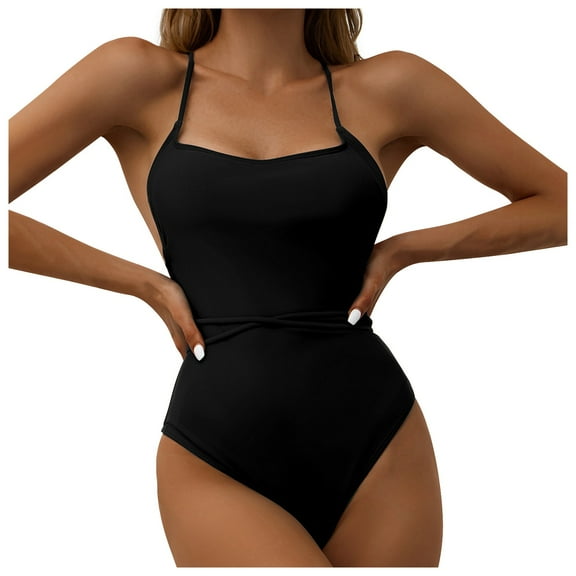 Sngxgn Women's Swimsuit Bathing Suit V Neck Ruffled Swimwear Adjustable Straps(Black,L)