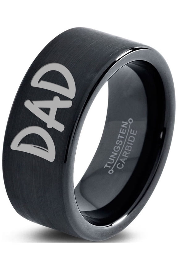 Tungsten Dad Typography Writing Band Ring 9mm Men Women Comfort Fit Black Flat Cut Brushed Polished