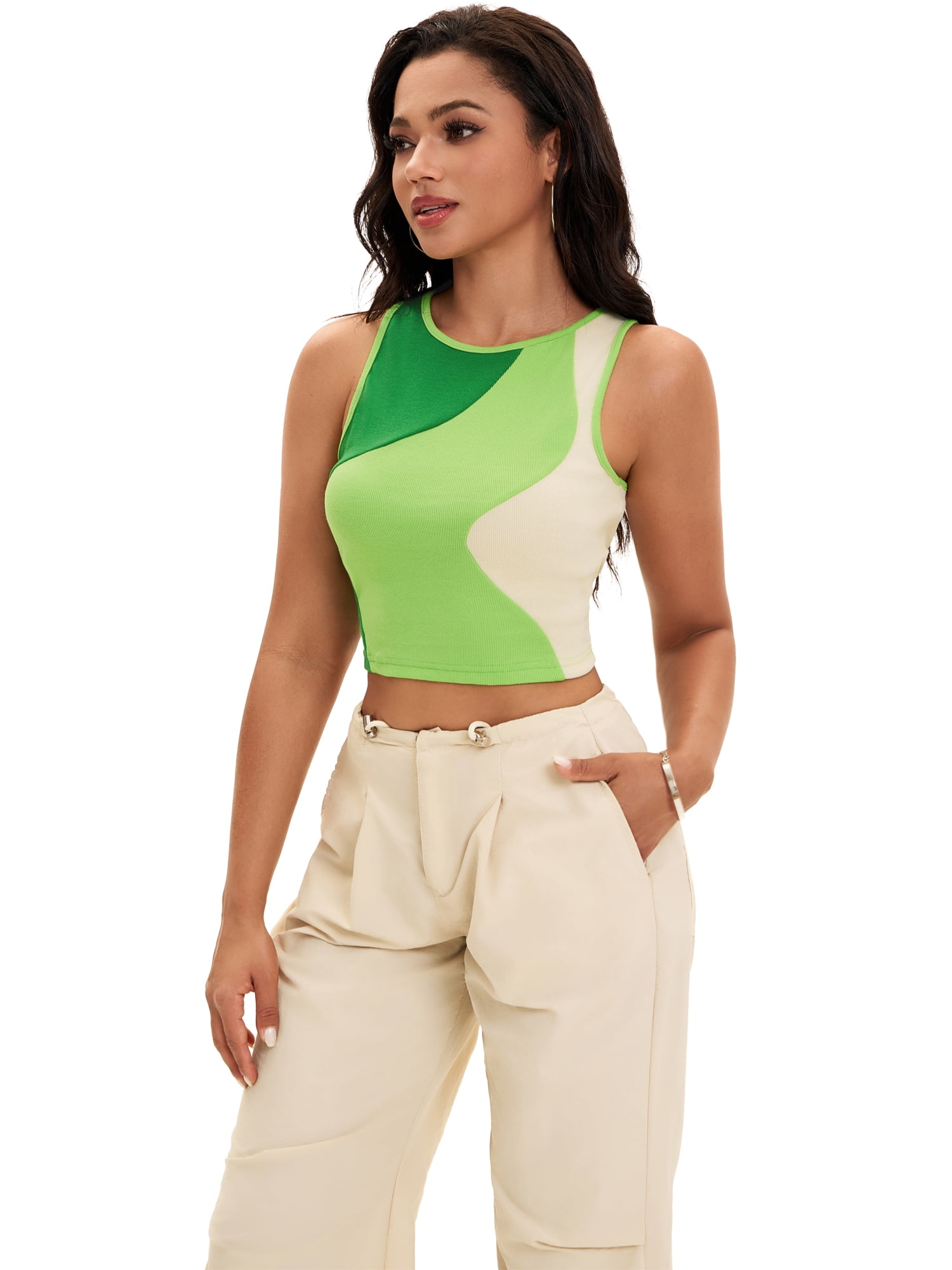 DARING DIVA Women's Color Block Ribbed Sleeveless Crop Tank Tops S Green