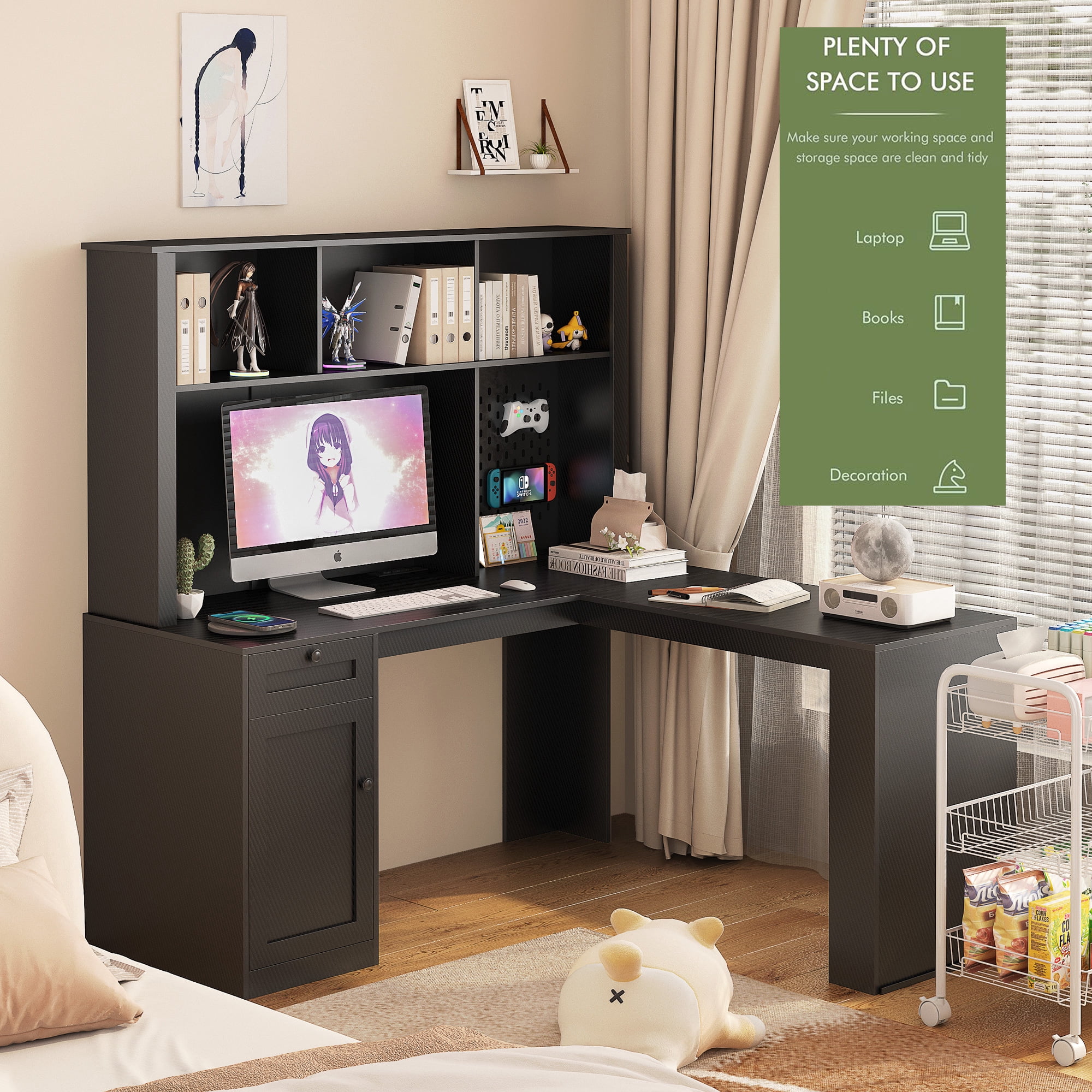 L Shaped Computer Desk with Storage Drawers, 2-IN-1 Home Office Desks with Bookshelf & Hutch & Pegboard, Modern Office Table with Outlet, Work Desk Study Desk for Home Office, Black