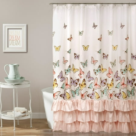 Lush Decor Flutter Butterfly Kids Nature Shower Curtain, 72x72, Pink, Single