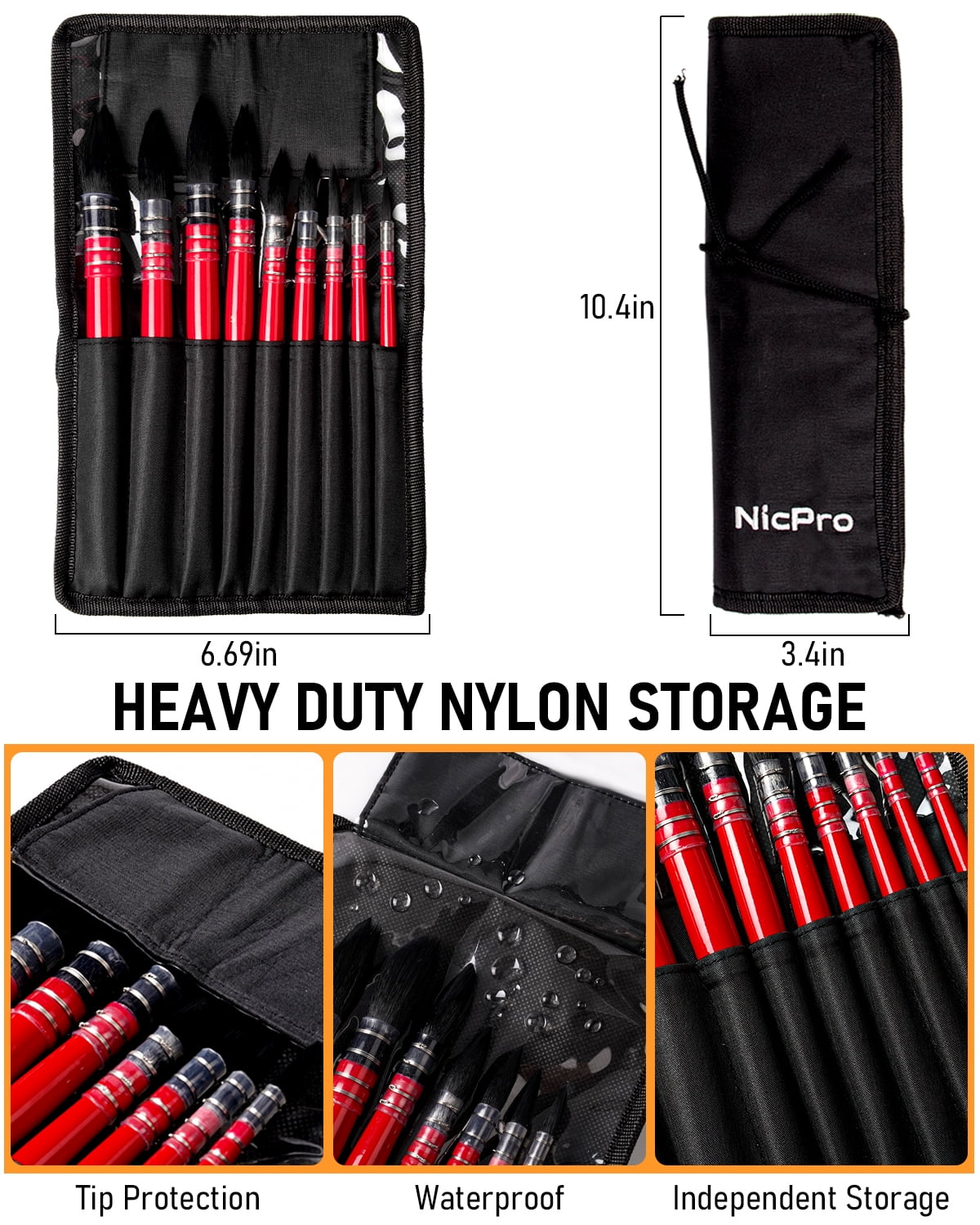 Nicpro Professional Watercolor Paint Brushes with Nylon Bag, 9PCS Mop Round Fine Tip Detail Paintbrush, Synthetic Squirrel Hair, Art Supplies Watercolor Set for Painting, Gouache, Oil - Red