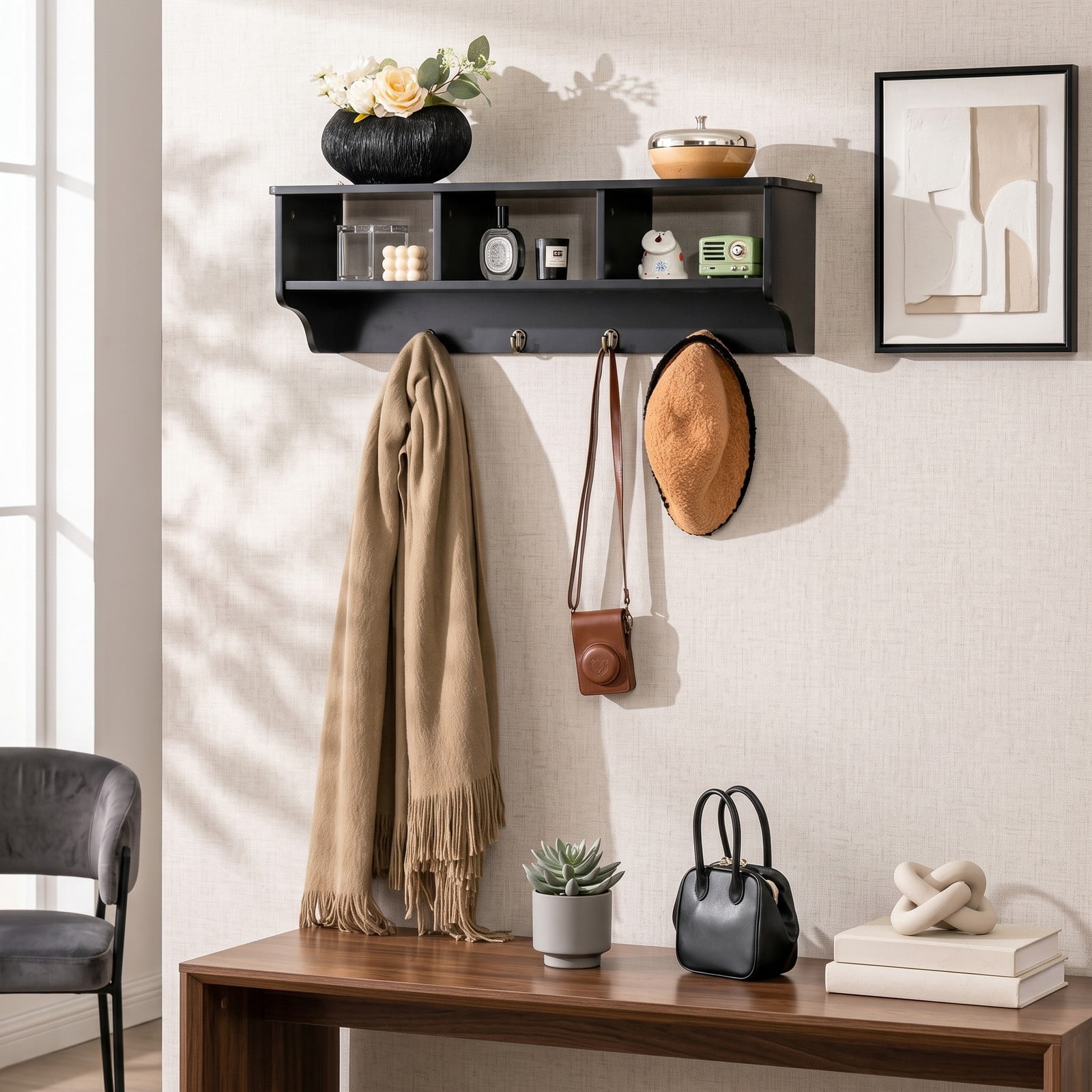 Furnibear Wall Mounted Coat and Hat Rack with Cubby Storage Shelf and 4 Hooks for Entryway Living Room and Bathroom, Black
