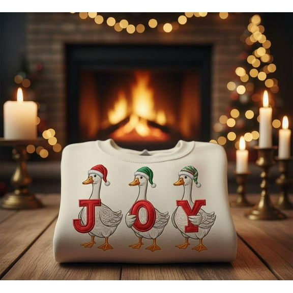 Christmas Goose JOY Embroidered Sweatshirt, Cute Holiday Farm Animal Shirt, Festive Goose Crewneck Gift