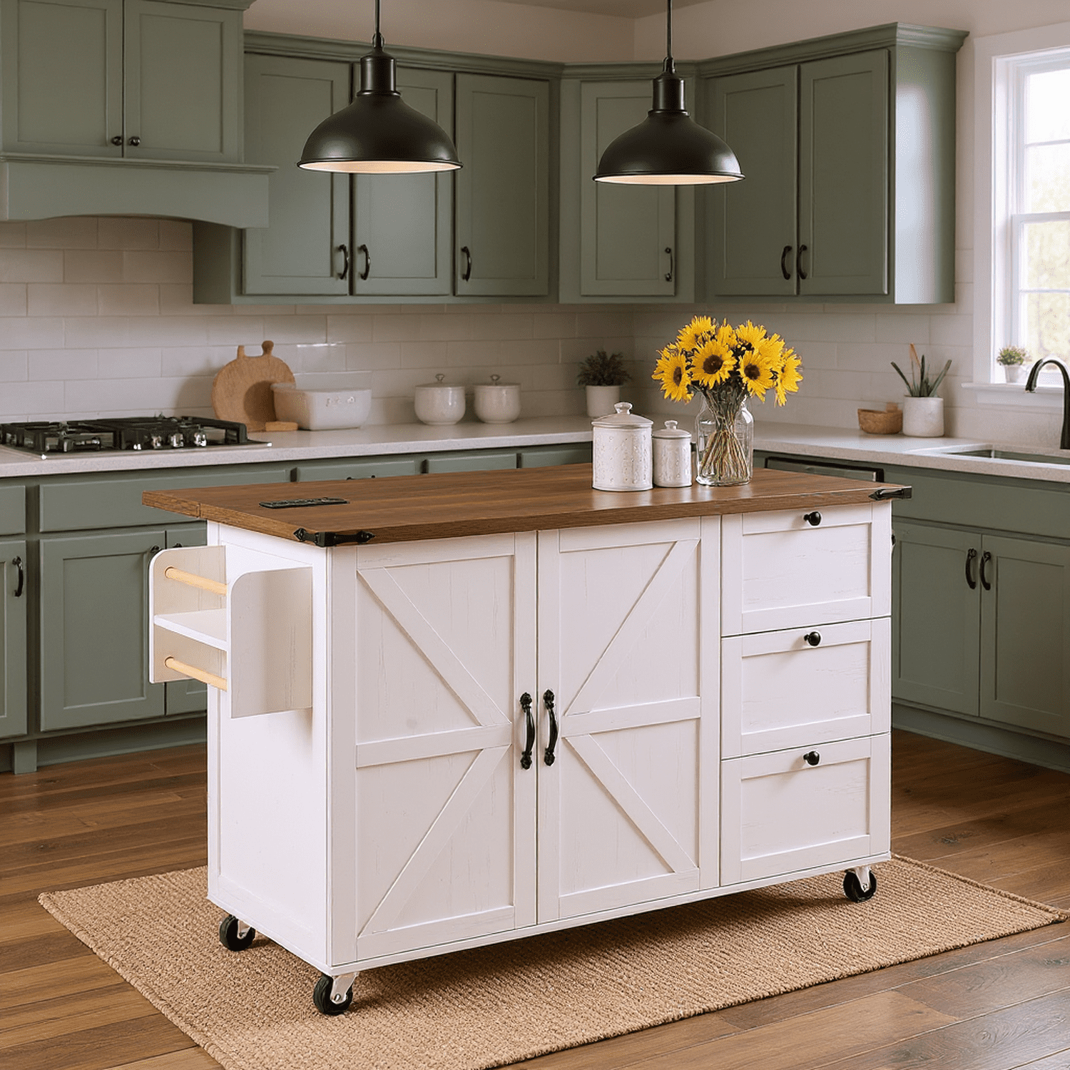 Homy Casa 54.5" Farmhouse Kitchen Island with Drop Leaf, Power Outlets, Barn Doors, 3 Drawers