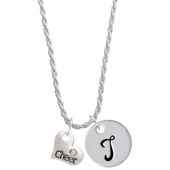 Delight Jewelry Cheer Heart with AB Crystal Silvertone Script Initial Disc - T - Charm Necklace, 20"+3"