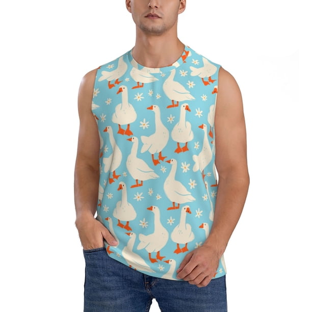 Fotbe White Geese and Flower Men's Camiseta sin Mangas Estampada para Hombres, Playera Casual para Gimnasio, Entrenamiento, Playa-3X-Large