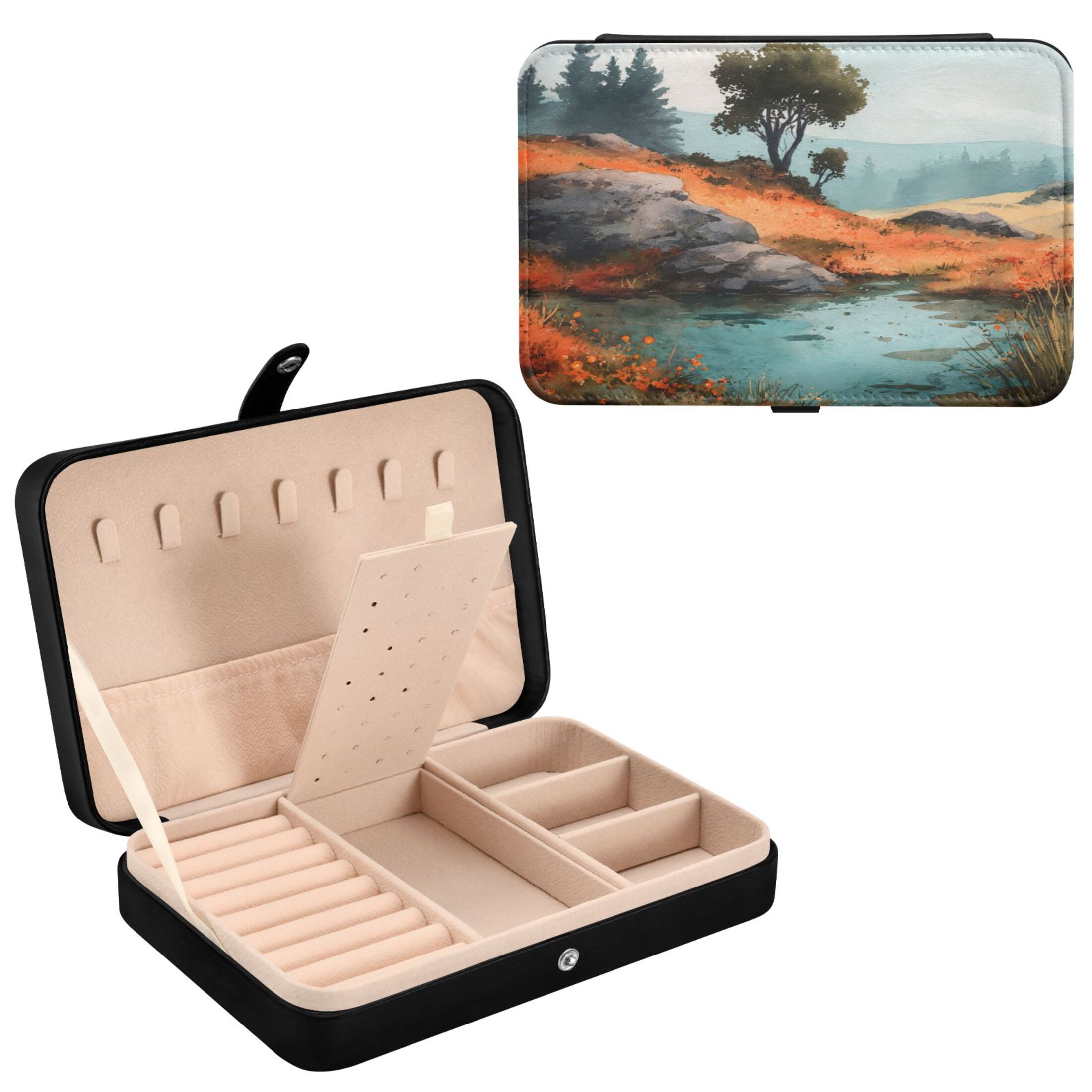 Leather Jewelry Box Rectangular 8.27x5.5x1.78In Travel Jewelry Storage Earrings Necklace Bracelet Watch Brooch Storage Watercolor Tree