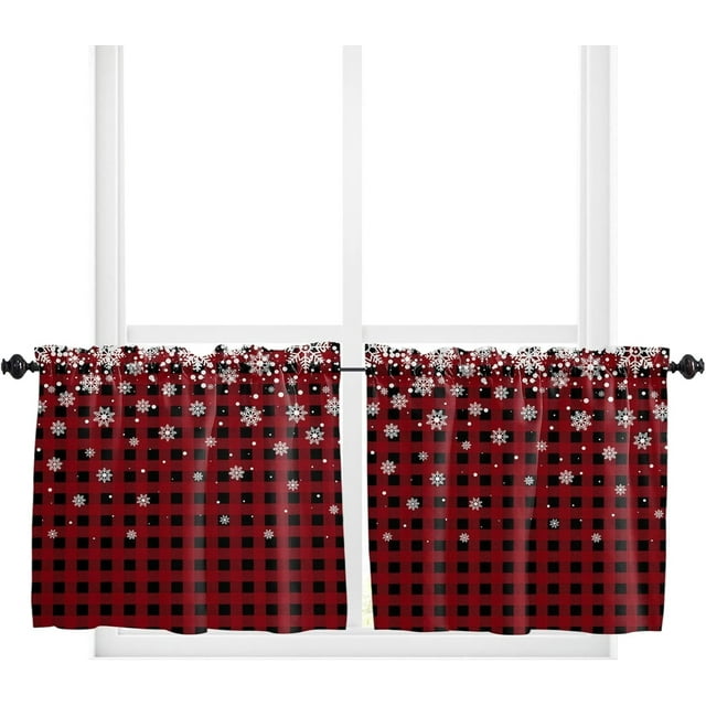 Décor de Noël Rideaux de Cuisine Hiver Noël Fêtes Cantonnières à Carreaux Buffalo Rouges pour Fenêtres Flocon de Neige Petits Rideaux de Fenêtre Poche pour Tringle 54x18 Po Rideaux de Salle de Bain Fenêtre, Rideaux de Style Ferme Chambre