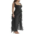thumbnail image 3 of Femmes Haut Côté Split Mesh Pure Longue Robe Sans Manches Volants Bretelles Irrégulière Ourlet Cocktail Midi Robes Rouge, 3 of 6