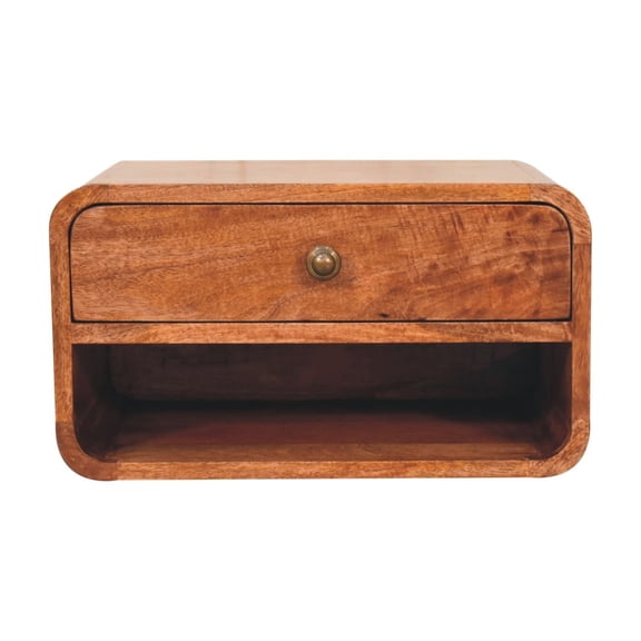Lesuto Curved Honey Caramel Wall Mounted Bedside with Open Slot - Minimalist Style, Wood, 1 Drawers