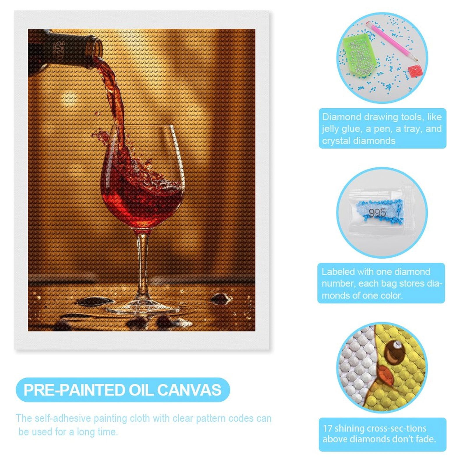 Diamond Art Kits for Adults, Red Wine Pouring Glass Rich 5D Diamond Painting Kits for Adults Beginners, DIY Full Drill Diamond Painting, Gem Art and Crafts 12x16