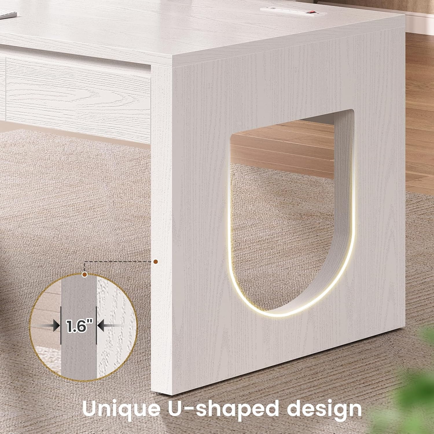 SEDETA 55" Office Desk with 3 Drawers, Modern Executive Desk with U-Shaped Legs, Wood Computer Desk with Power Outlet, Home Office Desks with Relief Texture, White