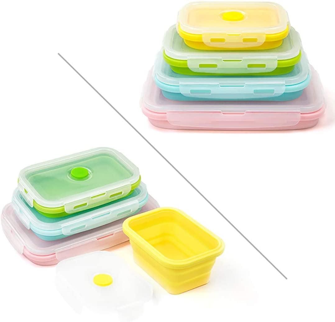 Collapsible Silicone Lunch Bento Box, Portable Food Storage Container Outdoor Picnic Box Space Saving, Microwave, Dishwasher and Freezer Safe, 3 Pcs Set (Four Colors Set)