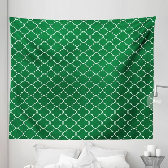 Moroccan Tapestry, 4 Leaf Clover Flower on Moroccan Trellis Mosaic Pattern Traditional Digital Print, Fabric Wall Hanging Decor for Bedroom Living Room Dorm, 5 Sizes, Green, by Ambesonne
