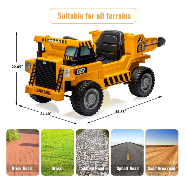 12V 4WD Kids Ride-On Dump Truck - Battery Powered Construction Vehicle - Electric Dump Bed & Remote Control - Shovel & Music Player - Interactive Features