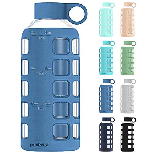 12/22 purifyou Premium Glass Water Bottle with Silicone Sleeve and Stainless Steel Lid 32 oz 