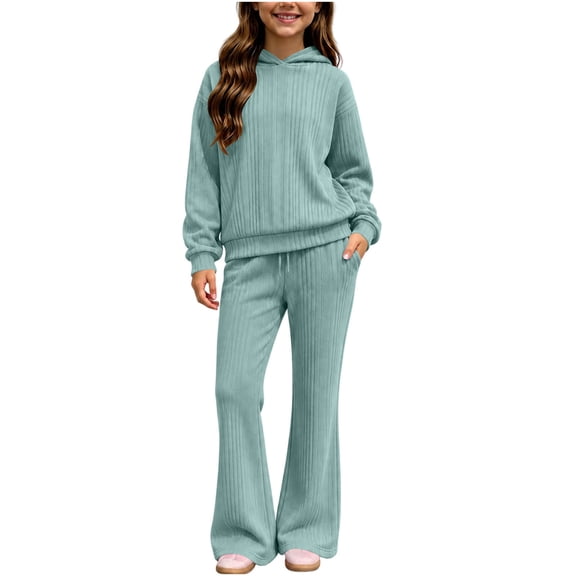 hotojiny Girls Clothes Solid Color Ribbed Hoodie Sweatshirt with Flare Leg Sweatpants Teen Tracksuit 2 Piece Outfit(Light Blue,15-16 Years)
