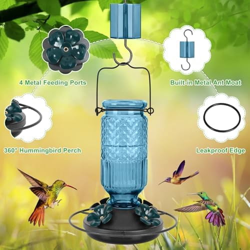 Glass Hummingbird Feeder for Outdoors Hanging, 16 OZ Humming Birds Feeders with 4 Bee Guard Feeding Ports & Built-in Ant Moat, Hummingbird Gifts for Mom, Bird Feeder for Outside, Blue