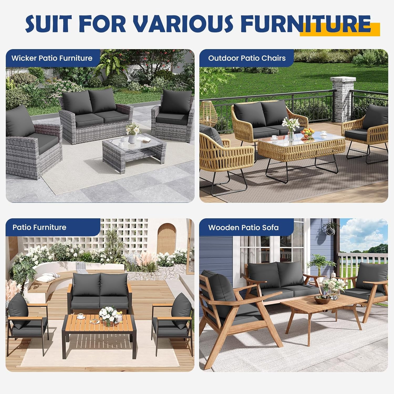 MRUAKA Outdoor Cushions for Patio Furniture, 4'' Replacement Cushions for Outdoor Furniture, Set of 8 Water-Resistant Outdoor Sectional Cushions for Sofa Couch Chair (Grey)