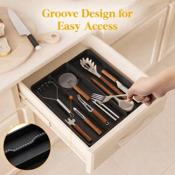 Norcho Expandable Utensil Tray for Kitchen Drawer, Adjustable Plastic Flatware & Spatula Holder, 14.4x15.8 in, Black