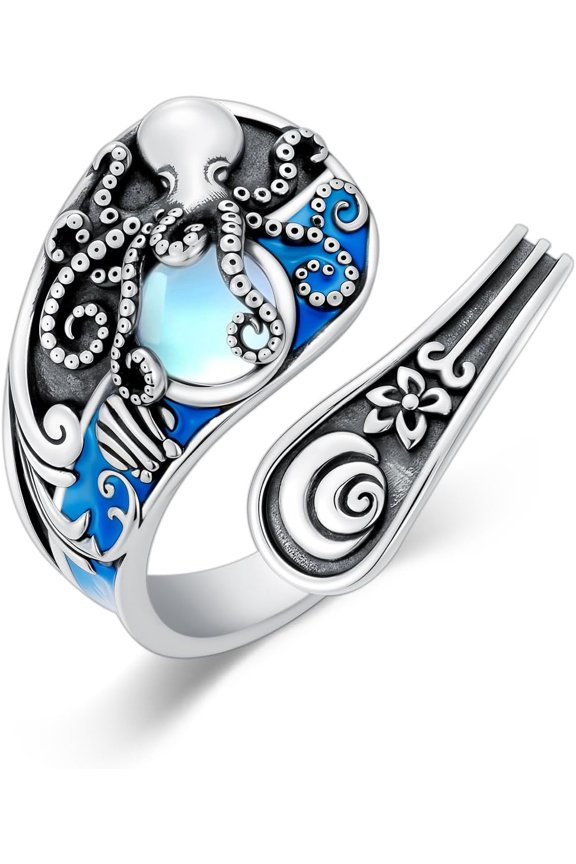 Spoon Rings for Women 925 Sterling Silver Blue Octopus Adjustable Vintage Finger Thumb Rings Ocean Octopus Jewelry for Women Birthday Christmas Gift