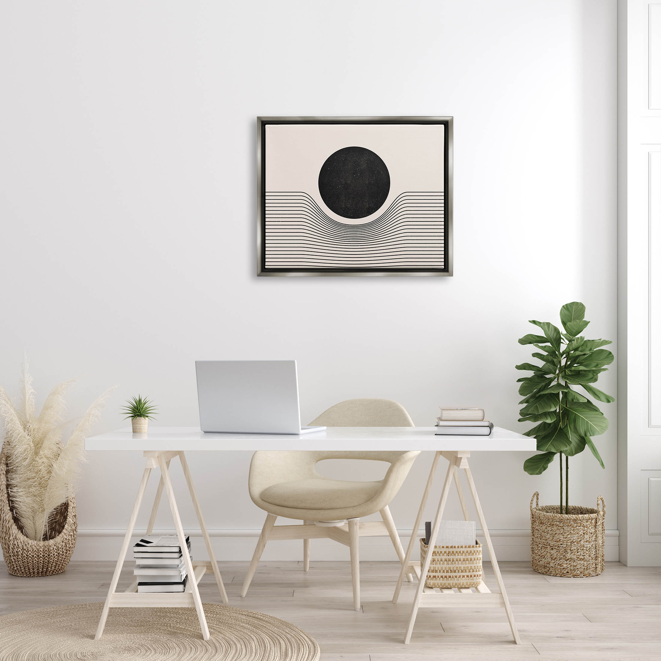 Stupell Industries Contemporary Abstract Circle Stripes Graphic Art Luster Gray Floating Framed Canvas Print Wall Art, Design by JJ Design House LLC
