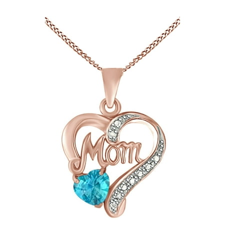 Simulated Blue Topaz & White Natural Diamond Mom Heart Pendant Necklace in 14k Rose Gold Over Sterling Silver