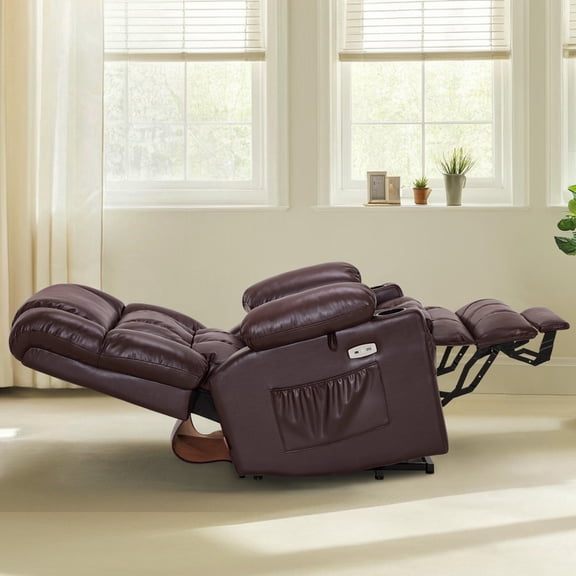 MCombo Large Lay Flat Dual Motor Power Lift Recliner for Tall Elderly, Faux Leather(Dark Brown)