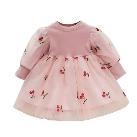 

QBGSAY Toddler Girls Dress Autumn Winter Long Sleeve Cherry Knit Patchwork Mesh Tulle Princess Dress Casual Swing Dresses