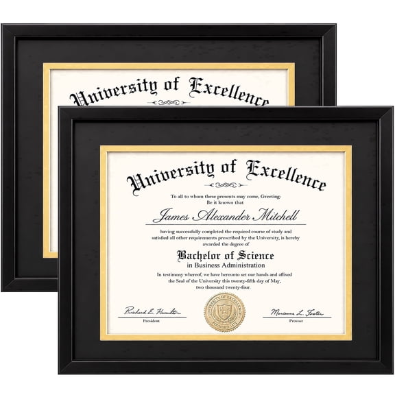 AEVETE 11x14 Diploma Frame with Support 8.5 x 11 Certificate Degree  Document Frame for Wall and Tabletop, Black Double Mat, 2 Pack