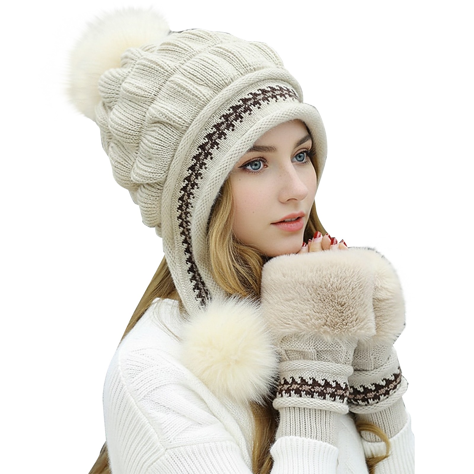 Winter Pompom Beanie Fluffy Knit Faux Fur Crochet Skull Cap Winter Pompom Beanie Hats for Women Fluffy Knit Womens  main image 2