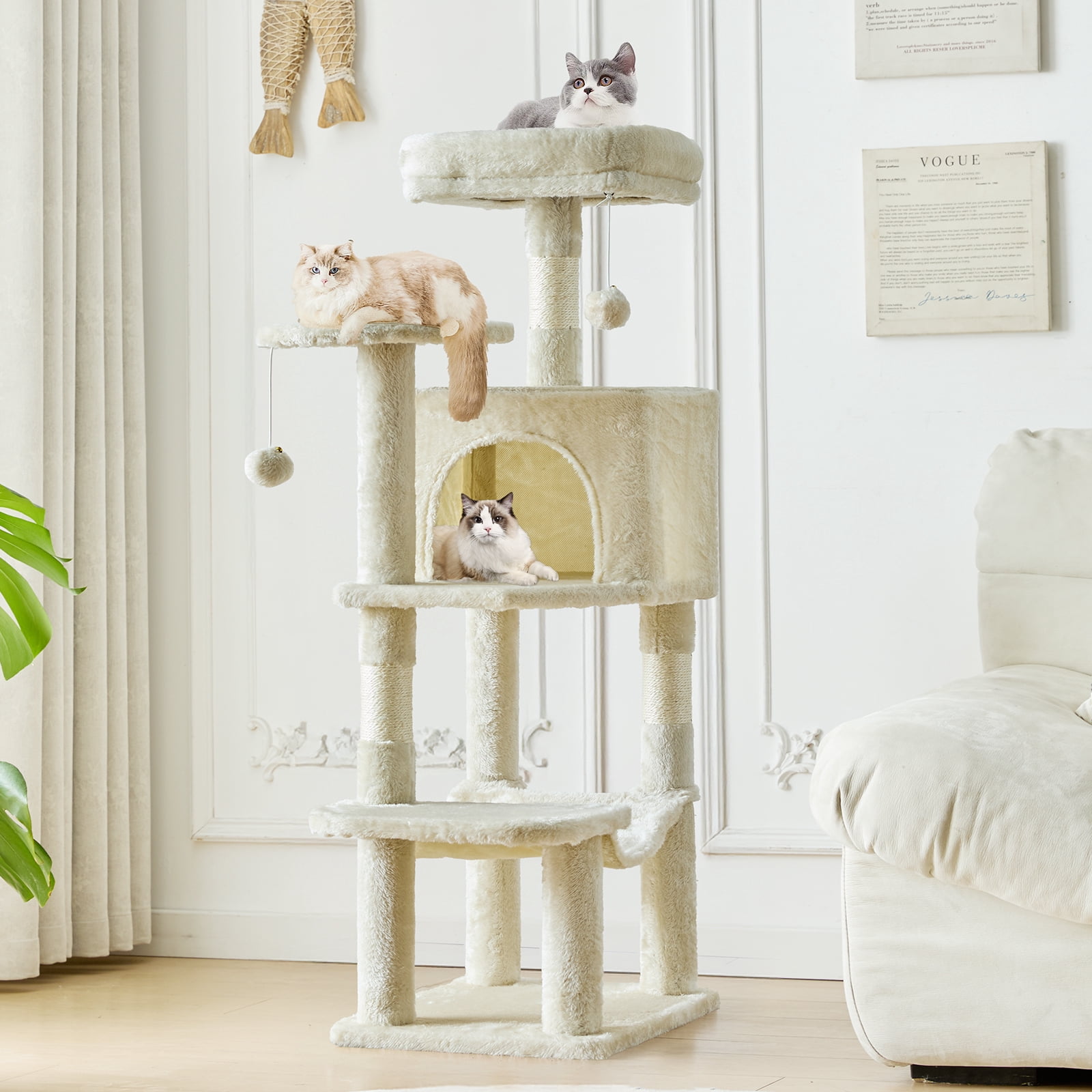 JIOABL 44" Multi-Level Cat Tree Tower with Hammock, Condo, Climbing Plates, Plush Toy, Kitty Playing House, Beige
