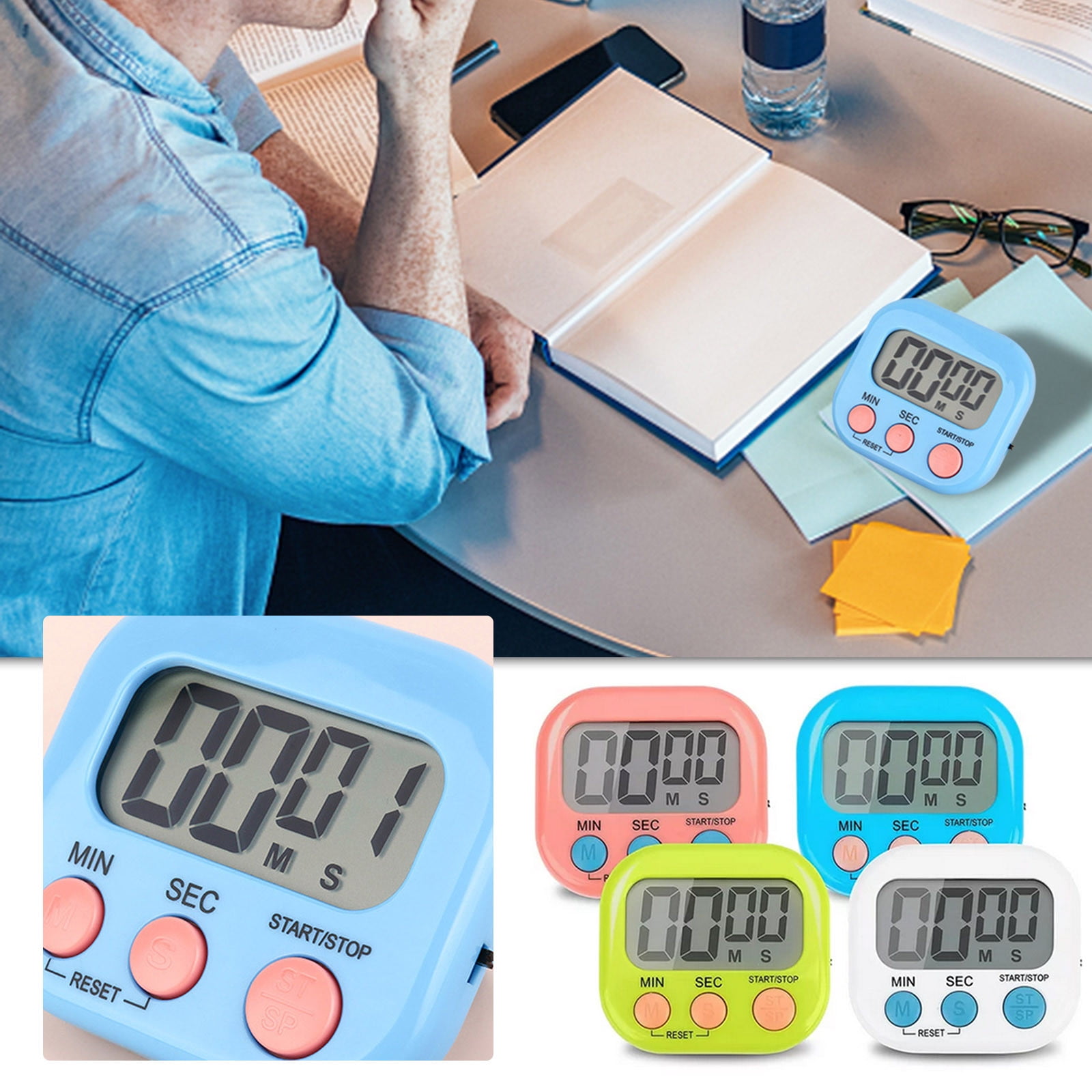 12 Pack Small Digital Kitchen Timer Magnetic Back and ON/Off Switch,Minute  Second Count Up Countdown（White,Blue,Orange