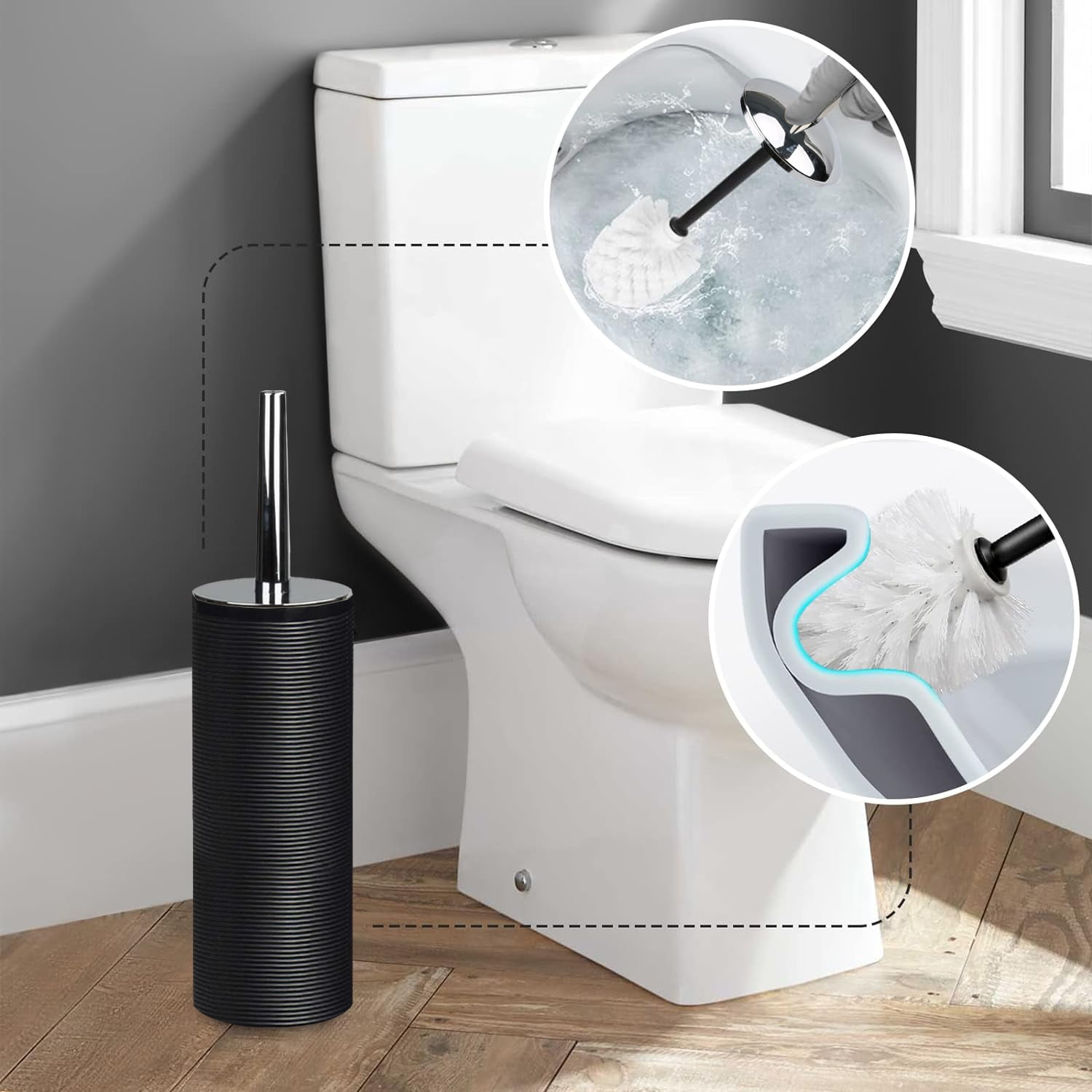 CERBIOR Bathroom Accessories Set 6 Pcs Bathroom Set Ensemble Complete Soap Dispenser Toothbrush Holder Tumbler Soap Dish Toilet Cleaning Brush Trash Can, Thread Black