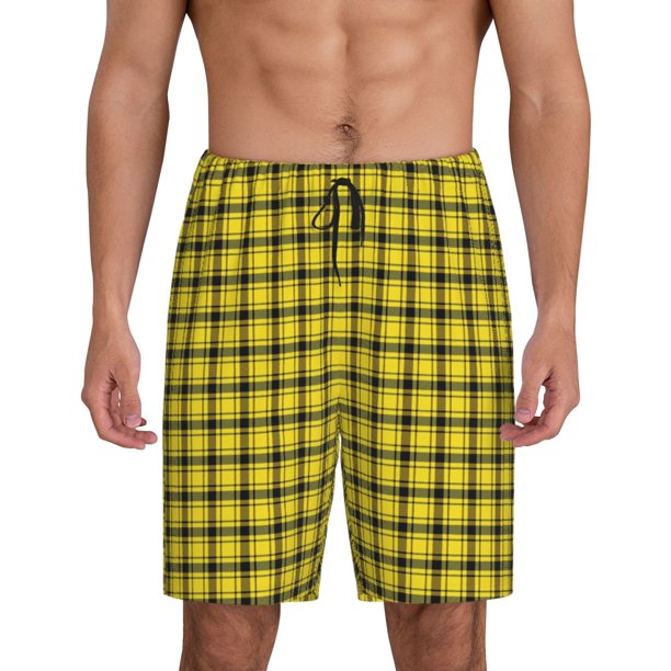 Fotbe Yellow Checkered Plaid Pantalones Cortos de Pijama para Hombre, Ropa de Dormir, Pantalones de Pijama Cortos para Hombre-Large