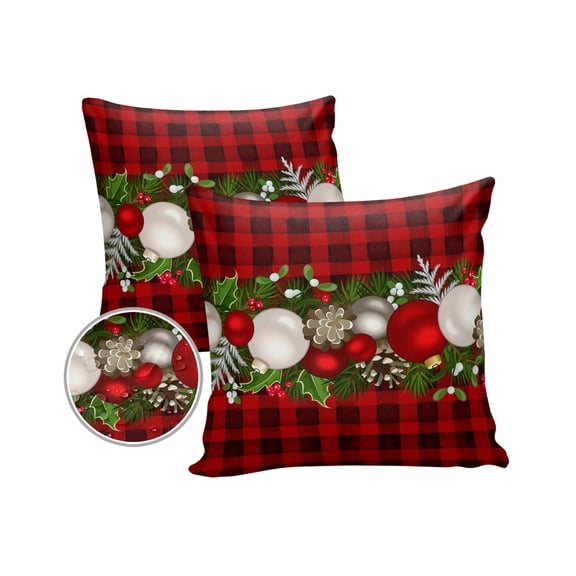 Pack of 2 Outdoor Pillow Covers, Christmas Ball Berry Pine Needle Red and Black Plaid Waterproof Square Throw Pillowcase Cushion Decorative Pillow Covers for Couch Patio Tent, 20x20 in