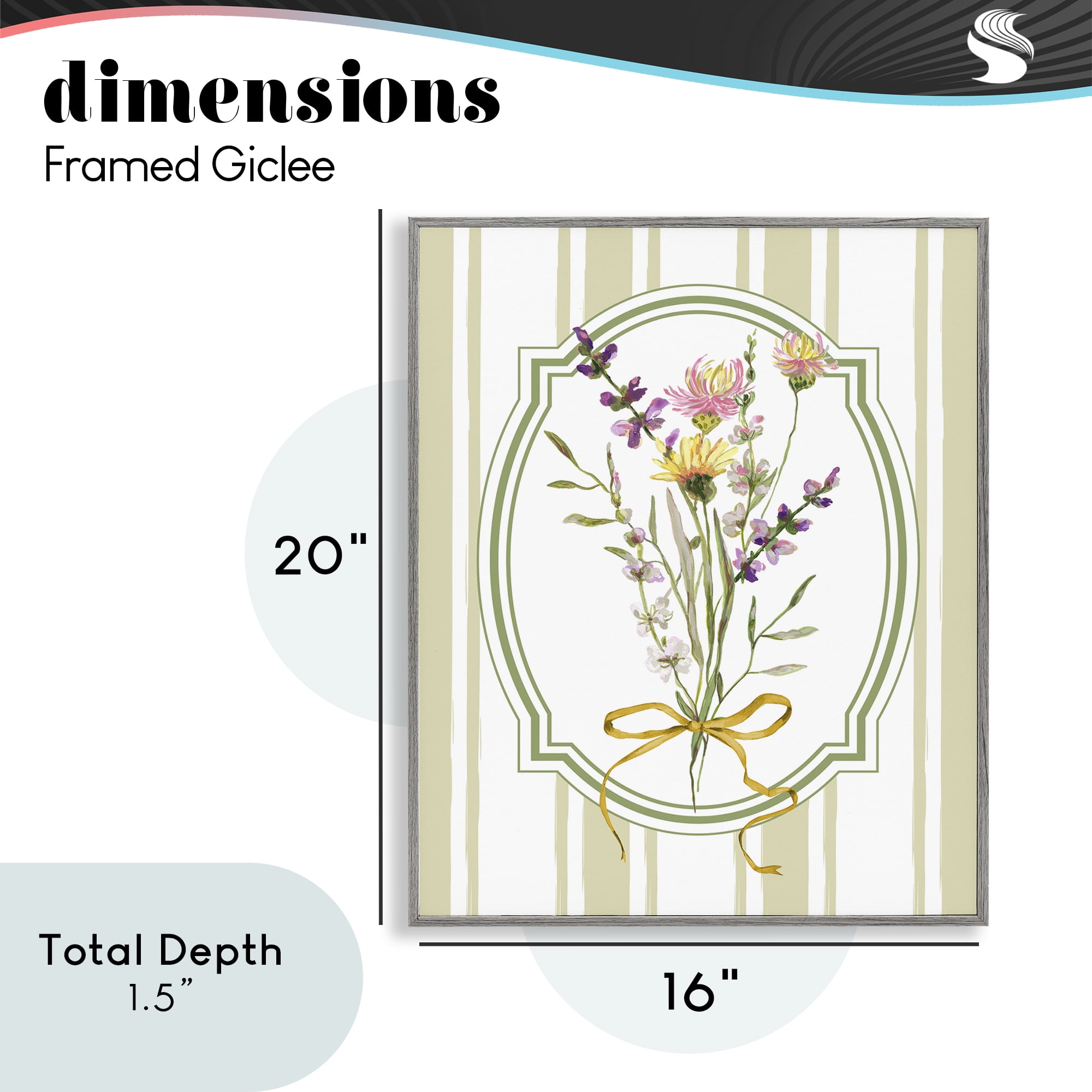 Wildflowers Bouquet Classic Stripes Gray Framed Giclee Art, design by Adonna Ebrahimi