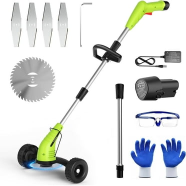 Green 12V Weed Wacker: 12-inch Cordless Trimmer, 2.0Ah Battery, 2 Blades, Wheel - Grass Edger