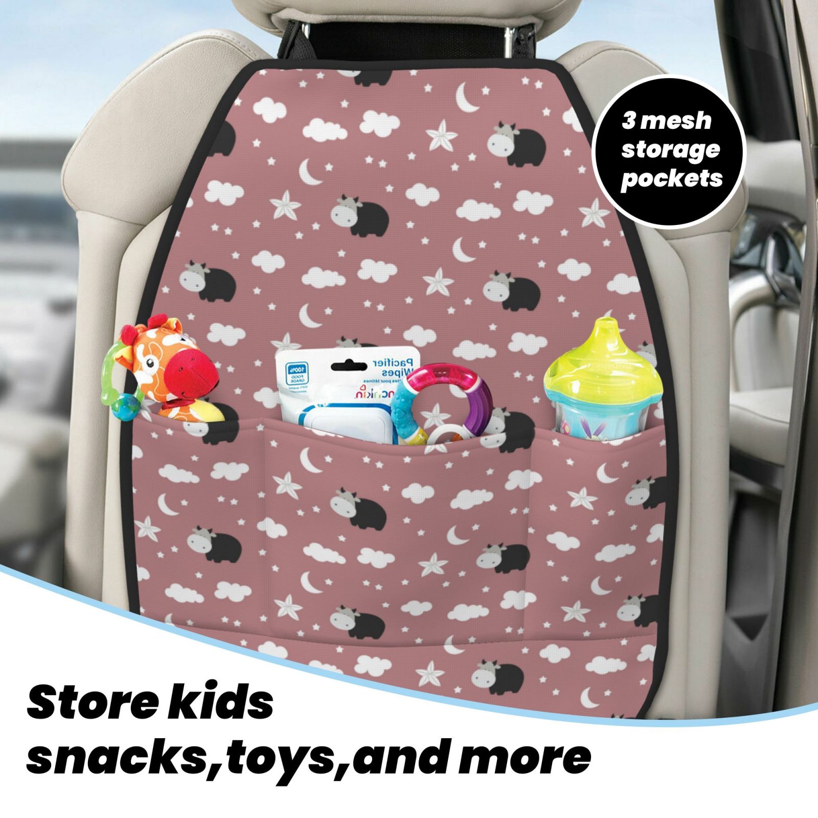 Kdxio Cute Calf Print 2 Pack Car Kick Mat Seat Cover Back Protector Mat with Pockets for Organizer Backseat Protector and Storage Anti Kick Pad for Vehicles