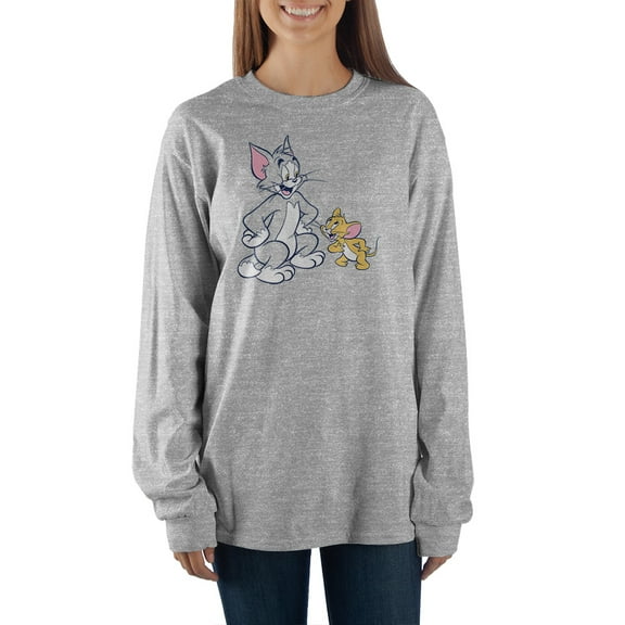 Tom & Jerry Classic Cartoon Characters Heather Grey Long Sleeve Shirt -3XL