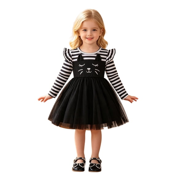 Lullu Newborn Girls Cartoon Cat Striped Tutu Dress Halloween Ruffle Long Sleeve Tulle Dress, Black