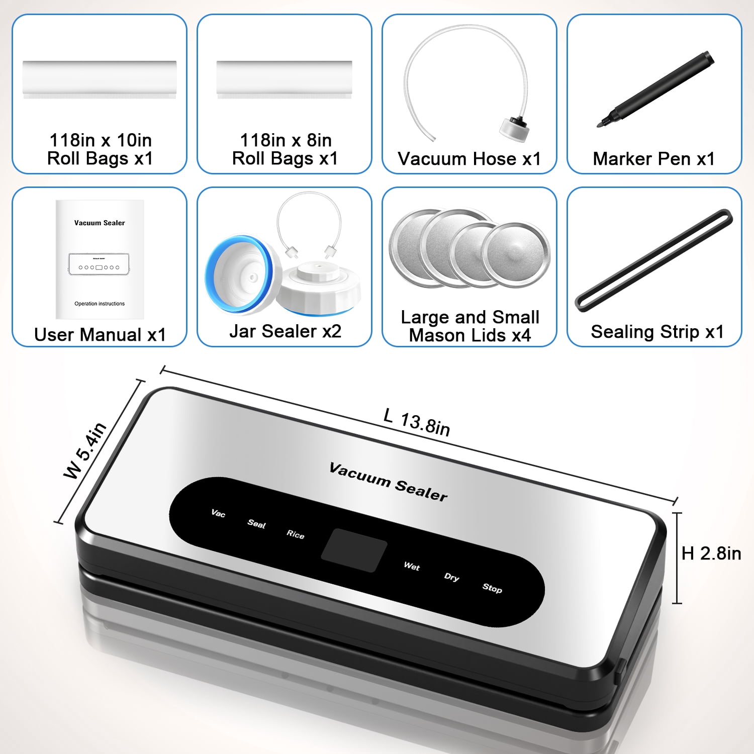Food Vacuum Sealer Machine with 2 Rolls Food Vacuum Sealer Bags, 8-in-1 Automatic Food Sealer with Dry & Moist Food Modes, Led Indicator Lights, Built-in Cutter, Compact Design for Food Storage