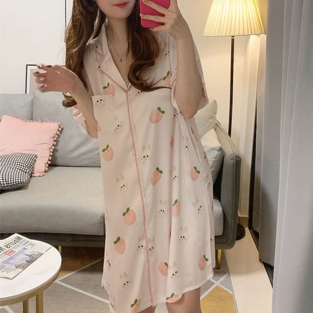 Camisones con estampado de dibujos animados para mujer, vestido de noche de seda satinada de manga corta, pijama de verano, novedad de 2024